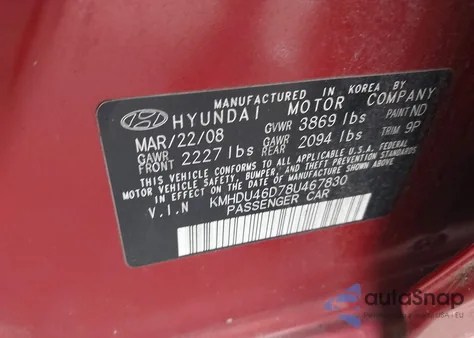 2008 Hyundai Elantra Gls/Se from USA, damaged, VIN KMHDU46D78U467830